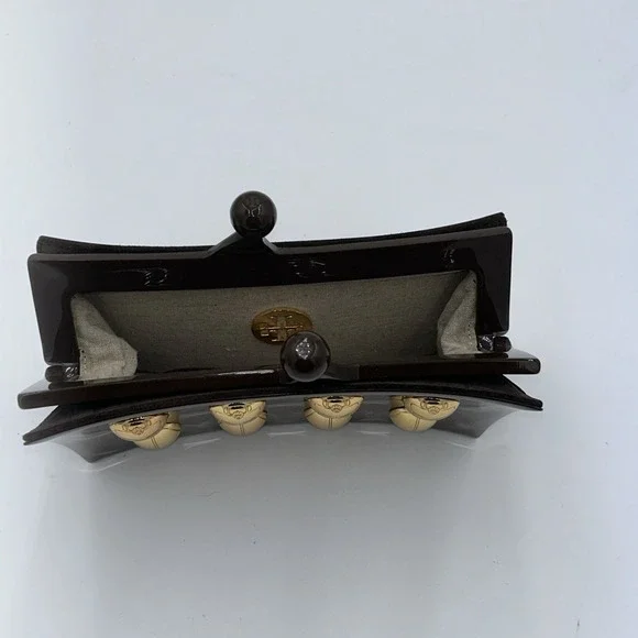 Tory Burch Vintage Rare Brown Lucite, Gold Embossed Scarab & Suede Back Clutch - Picture 7 of 8
